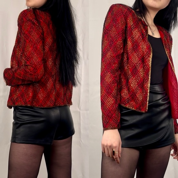 Vintage Papell Boutique Red and Gold Sequins Plaid Cropped Silk Evening Jacket - Picture 3 of 8